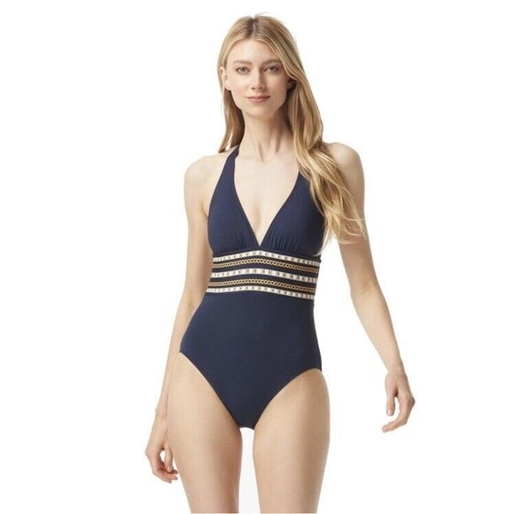 Michael Kors‎ Halter One Piece Swimsuit - Chain Print Border Navy Size 6 NWT - Picture 1 of 16